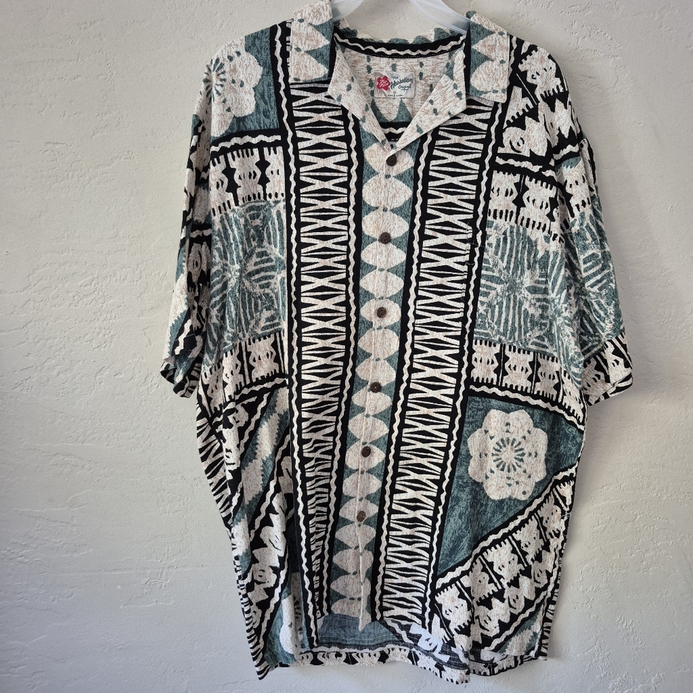Hilo Hattie tapa print green tiki Hawaiian shirt  Mens 2xl
